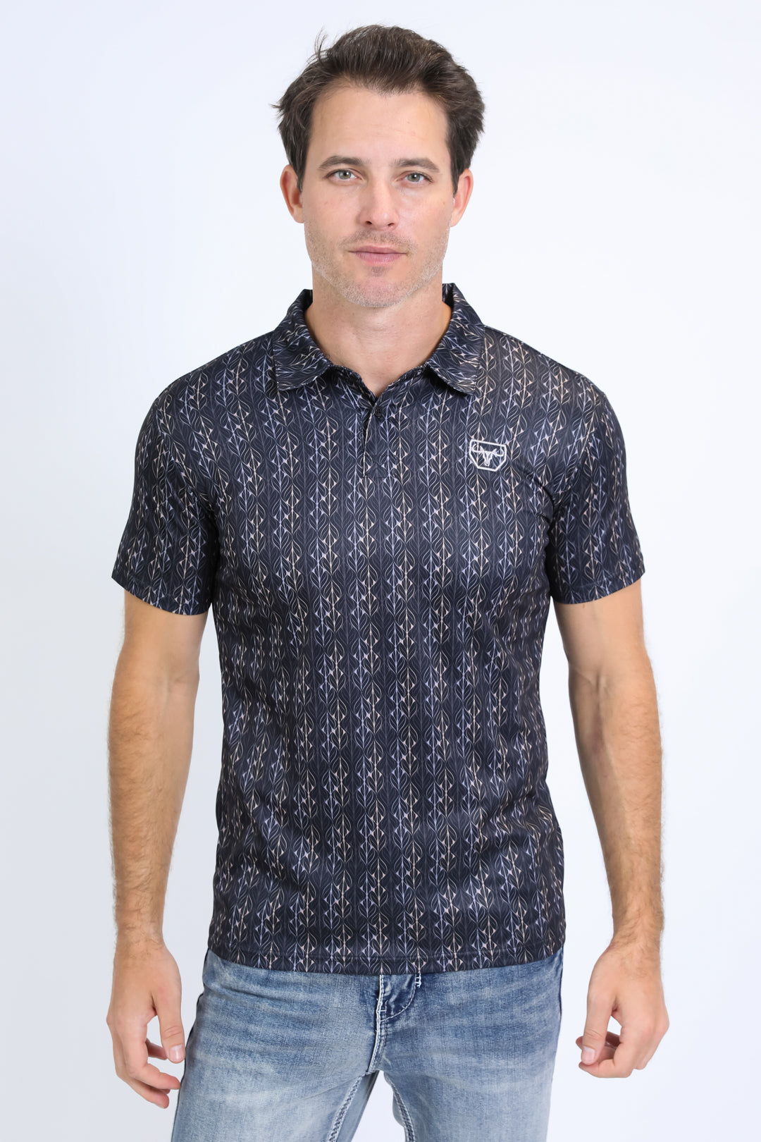 Mens Performance Fabric Print Black Polo