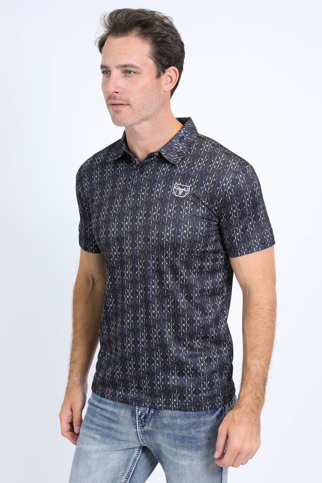 Mens Performance Fabric Print Black Polo