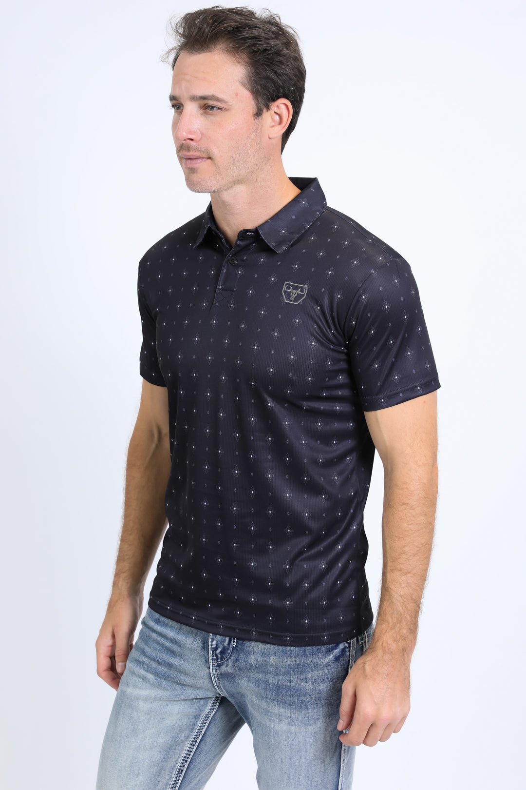 Mens Performance Fabric Print Black Polo