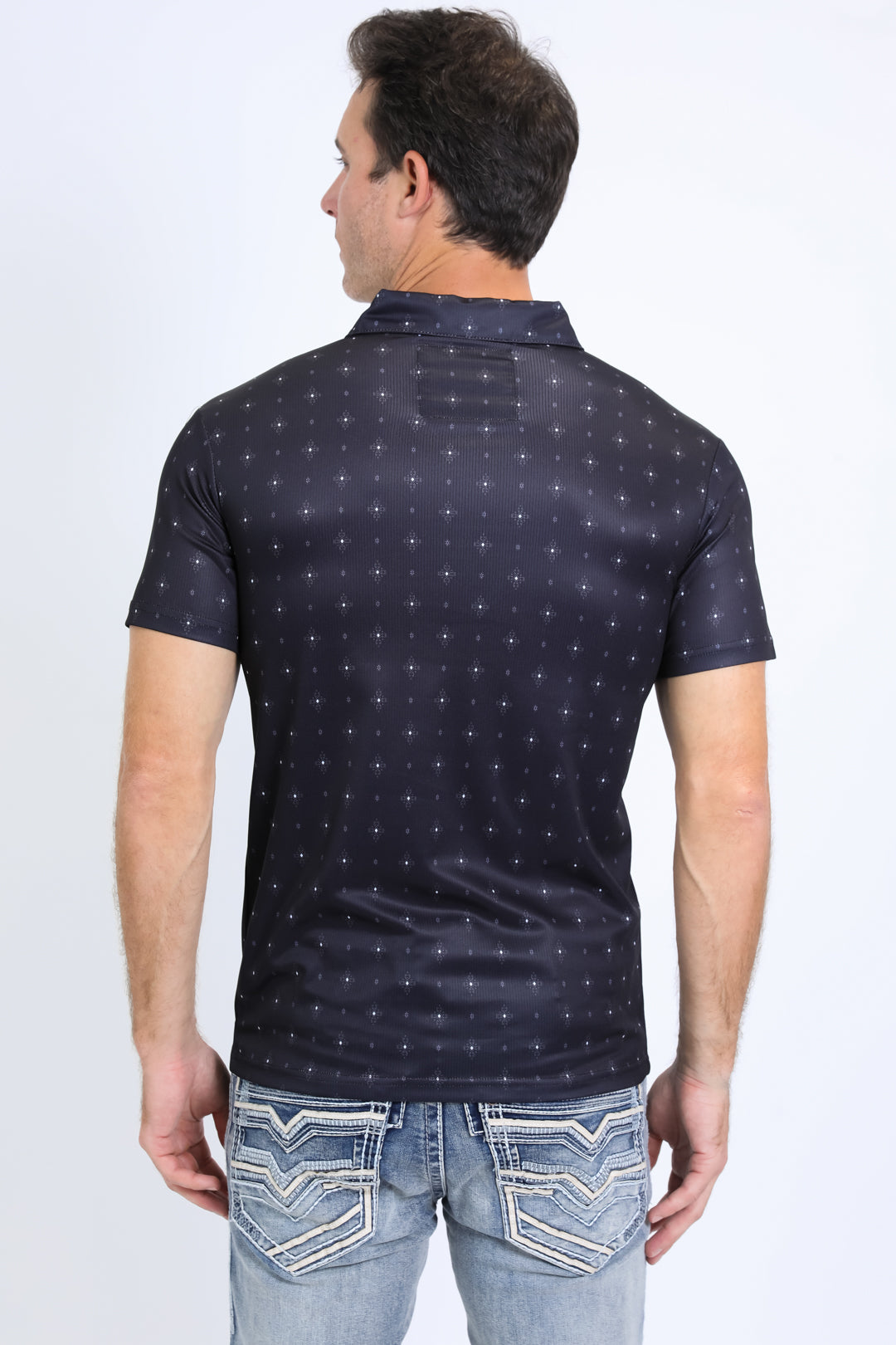 Mens Performance Fabric Print Black Polo