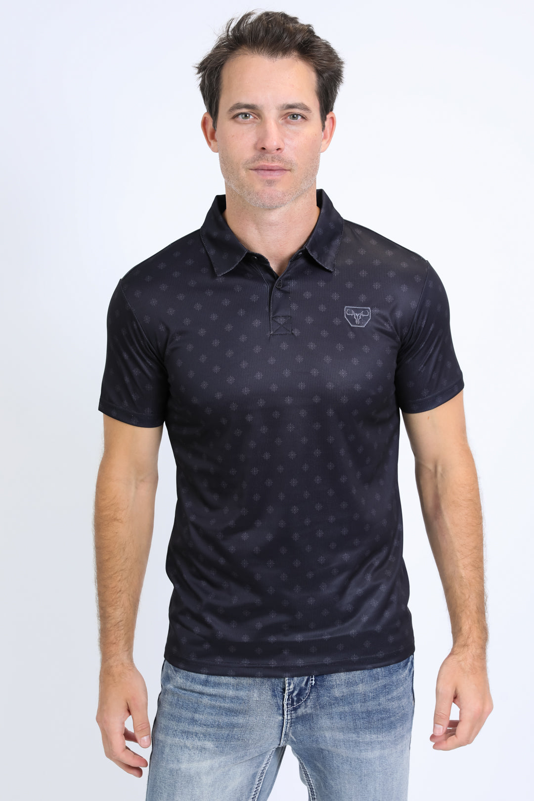 Mens Performance Fabric Print Black Polo