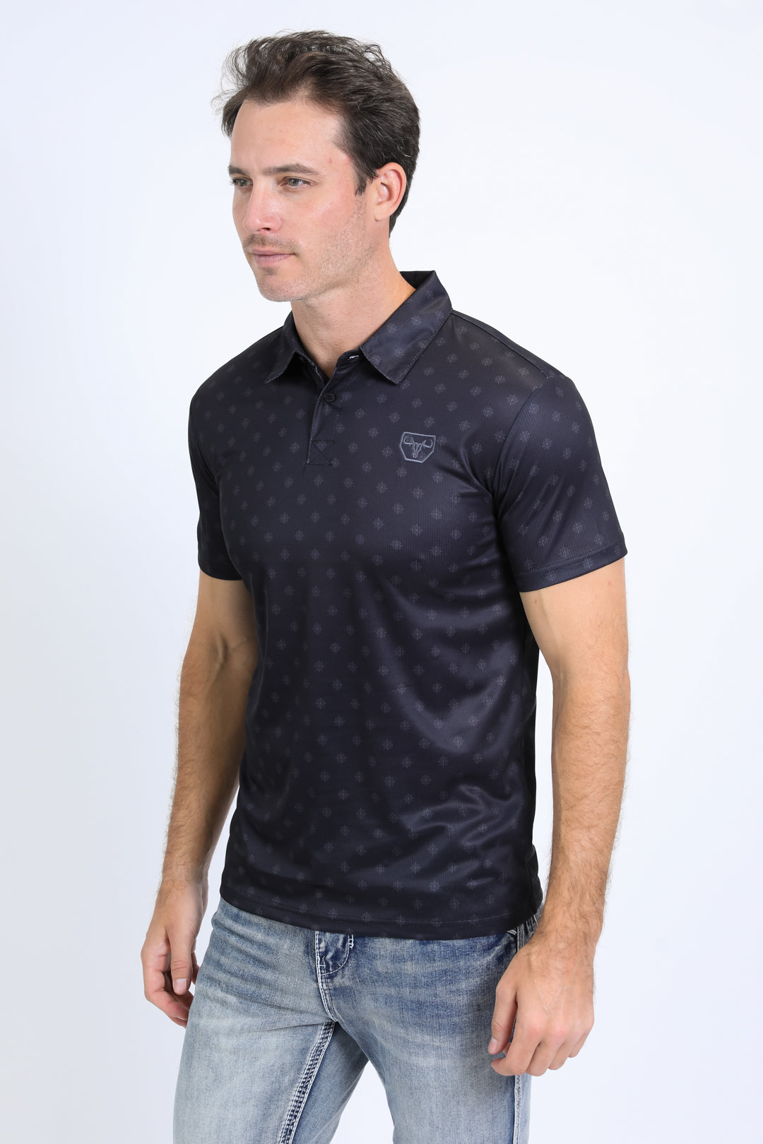 Mens Performance Fabric Print Black Polo