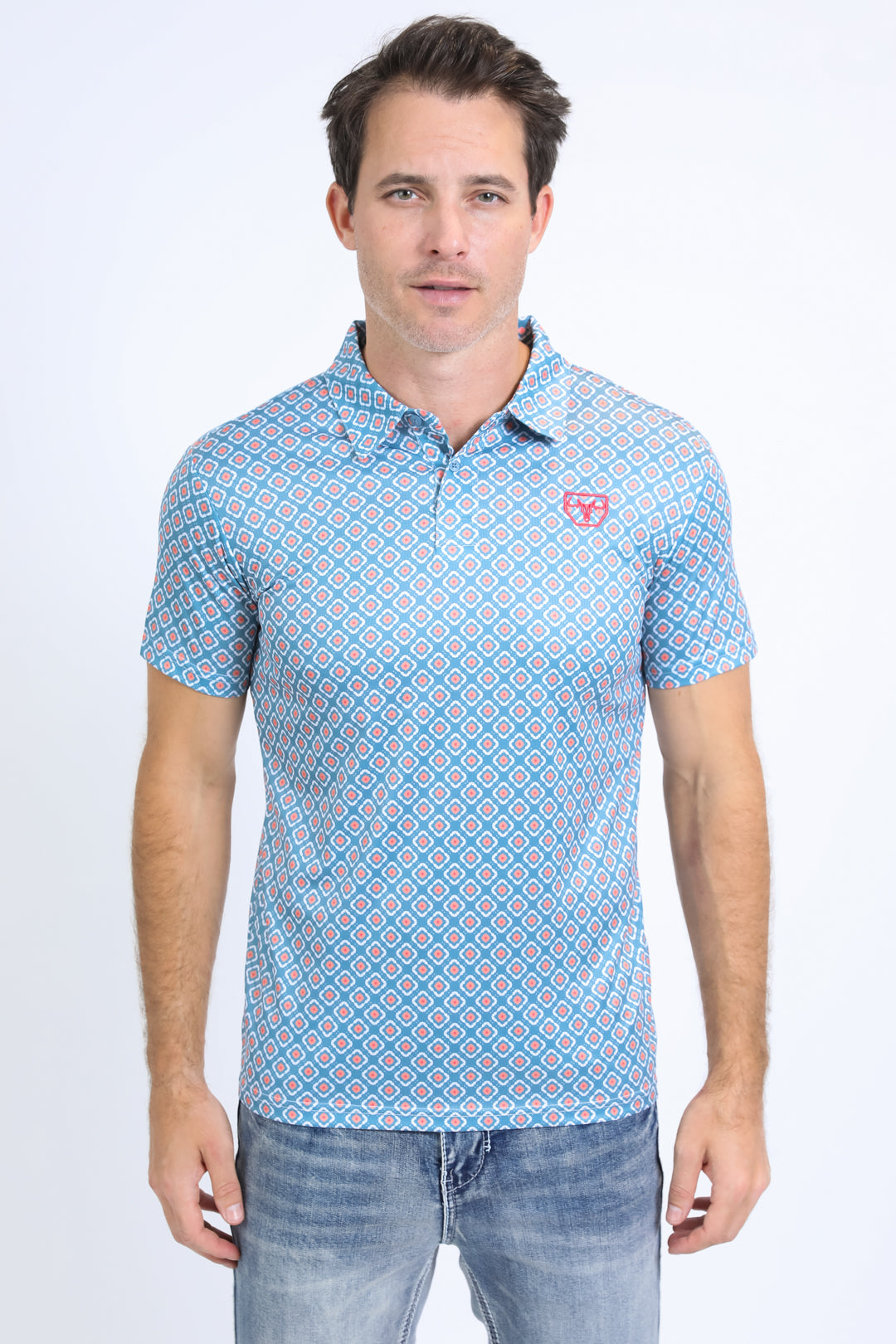 Mens Performance Fabric Print Blue Polo