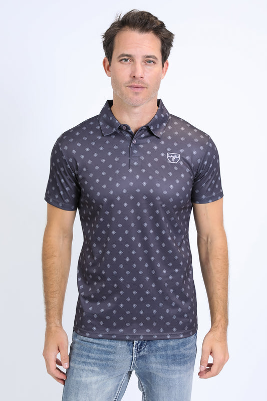 Mens Performance Fabric Print Charcoal Polo