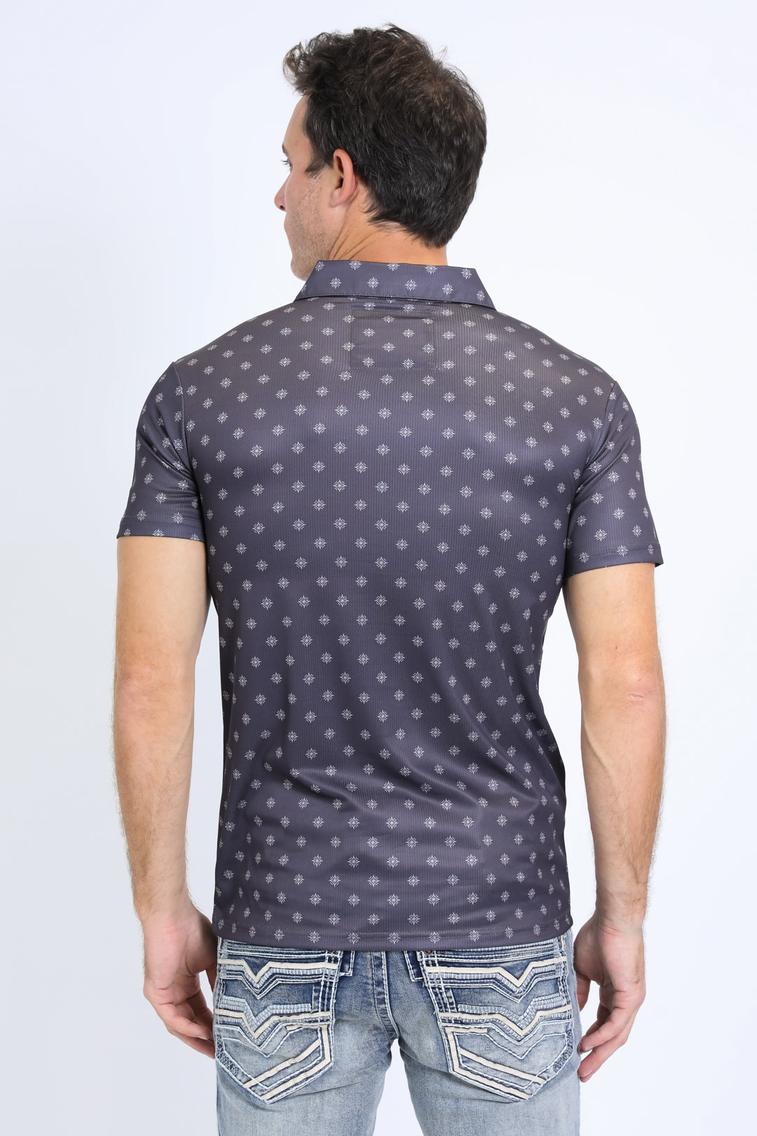 Mens Performance Fabric Print Charcoal Polo