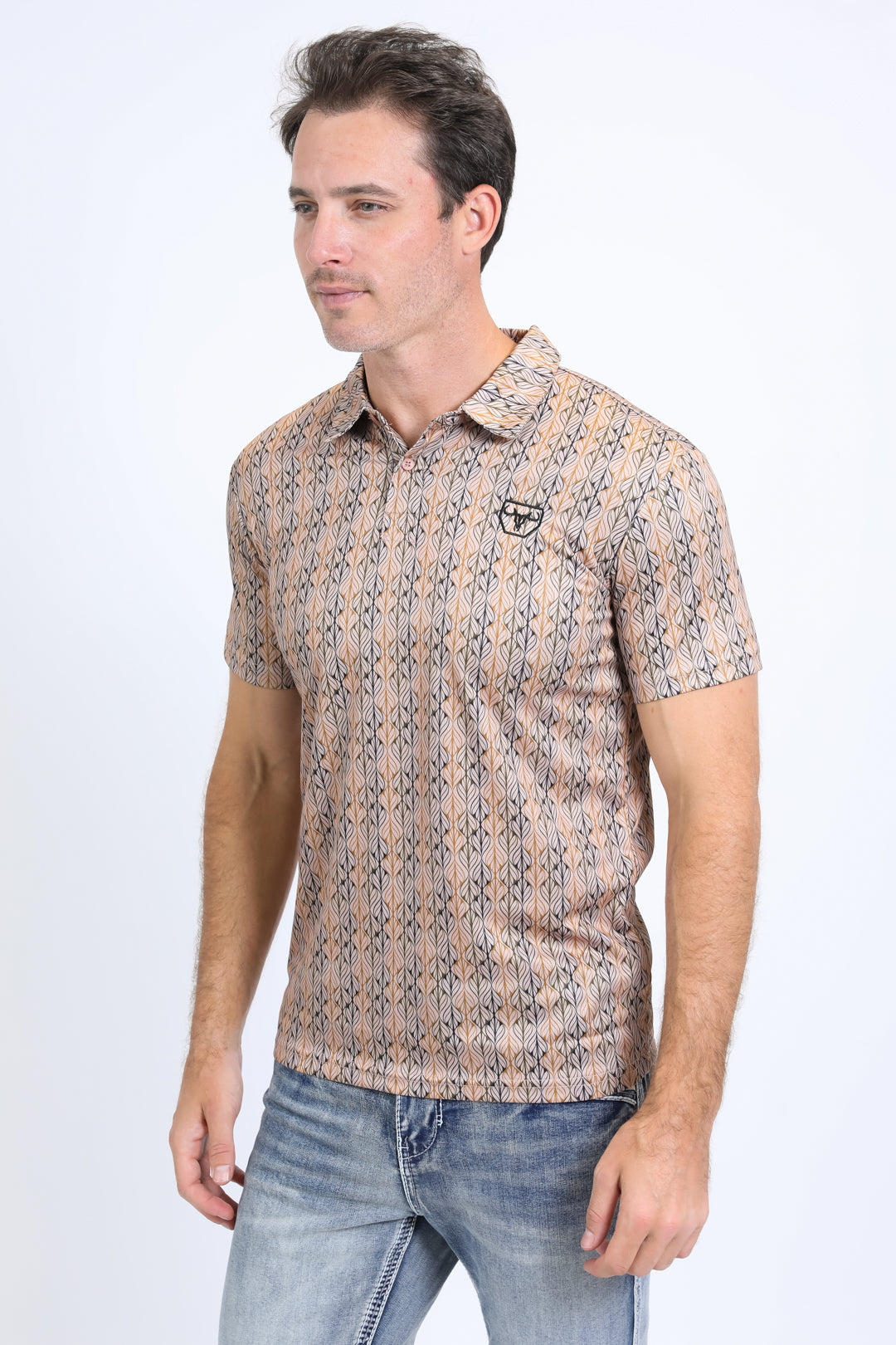 Mens Performance Fabric Print Khaki Polo