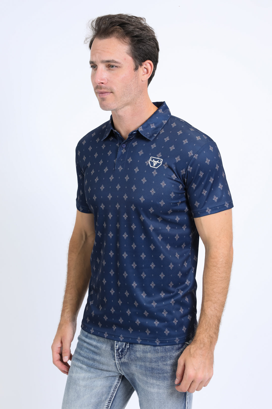 Mens Performance Fabric Print Navy Polo