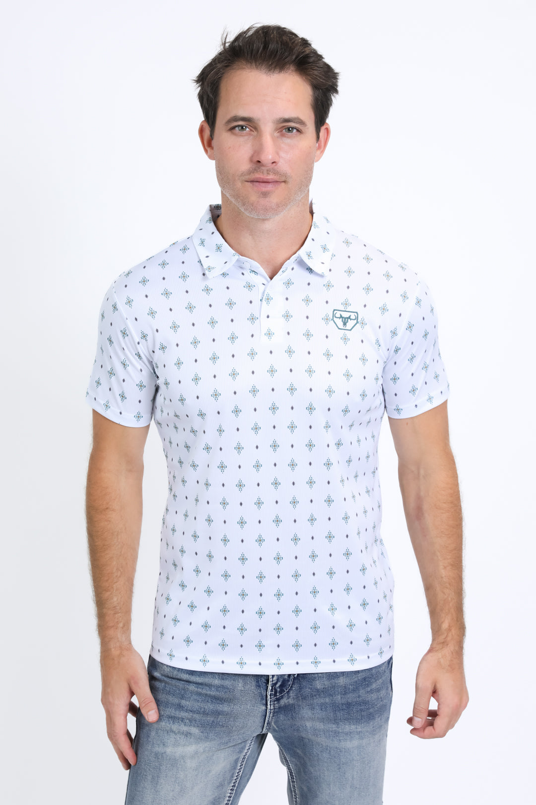 Mens Performance Fabric Print White Polo