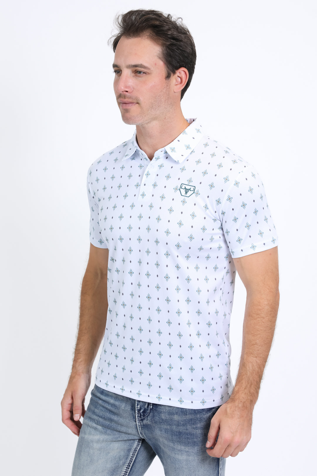 Mens Performance Fabric Print White Polo