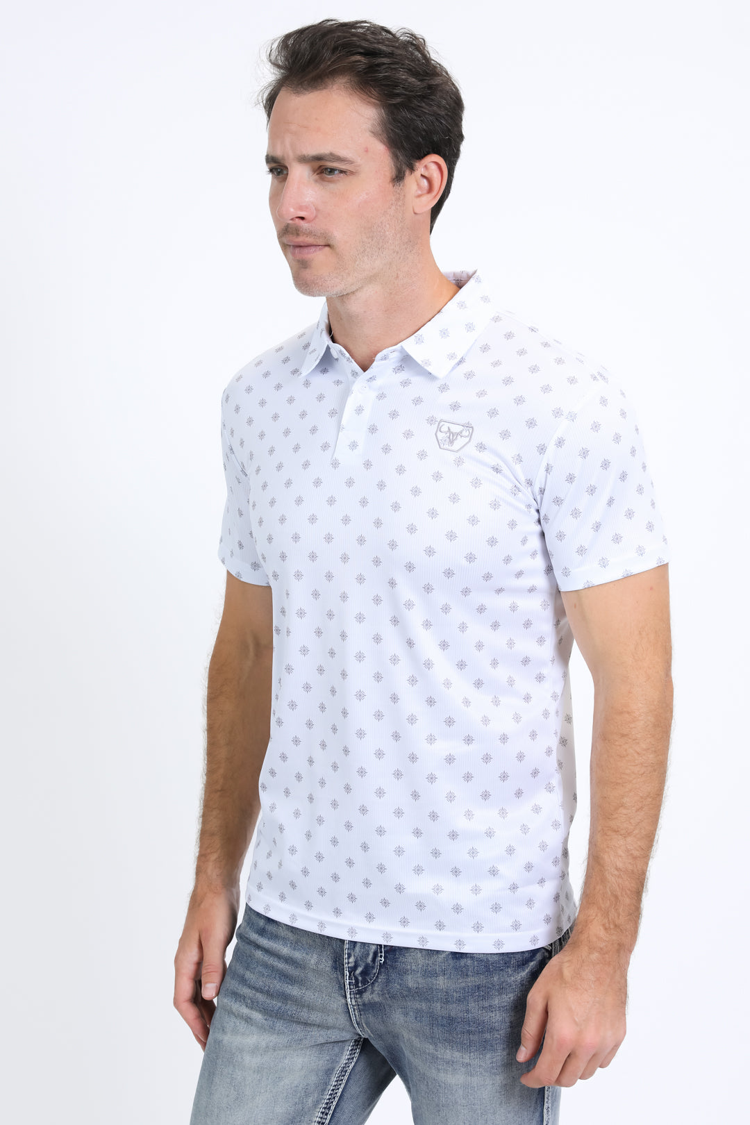 Mens Performance Fabric Print White Polo