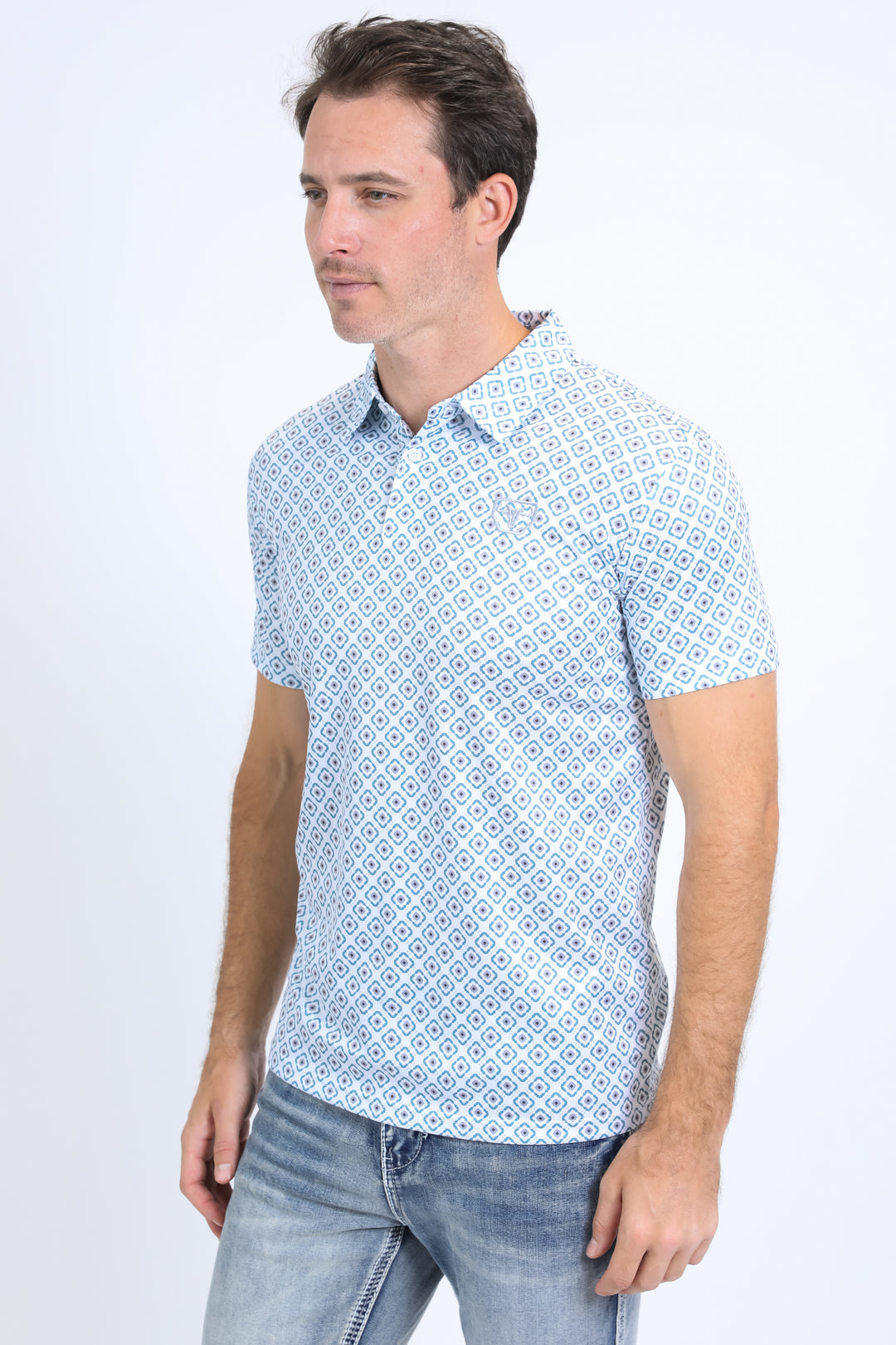 Mens Performance Fabric Print White Polo