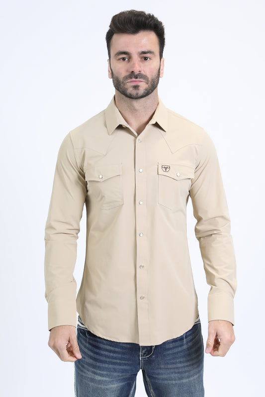 Men's Performance Western Long Sleeve Beige Shirt