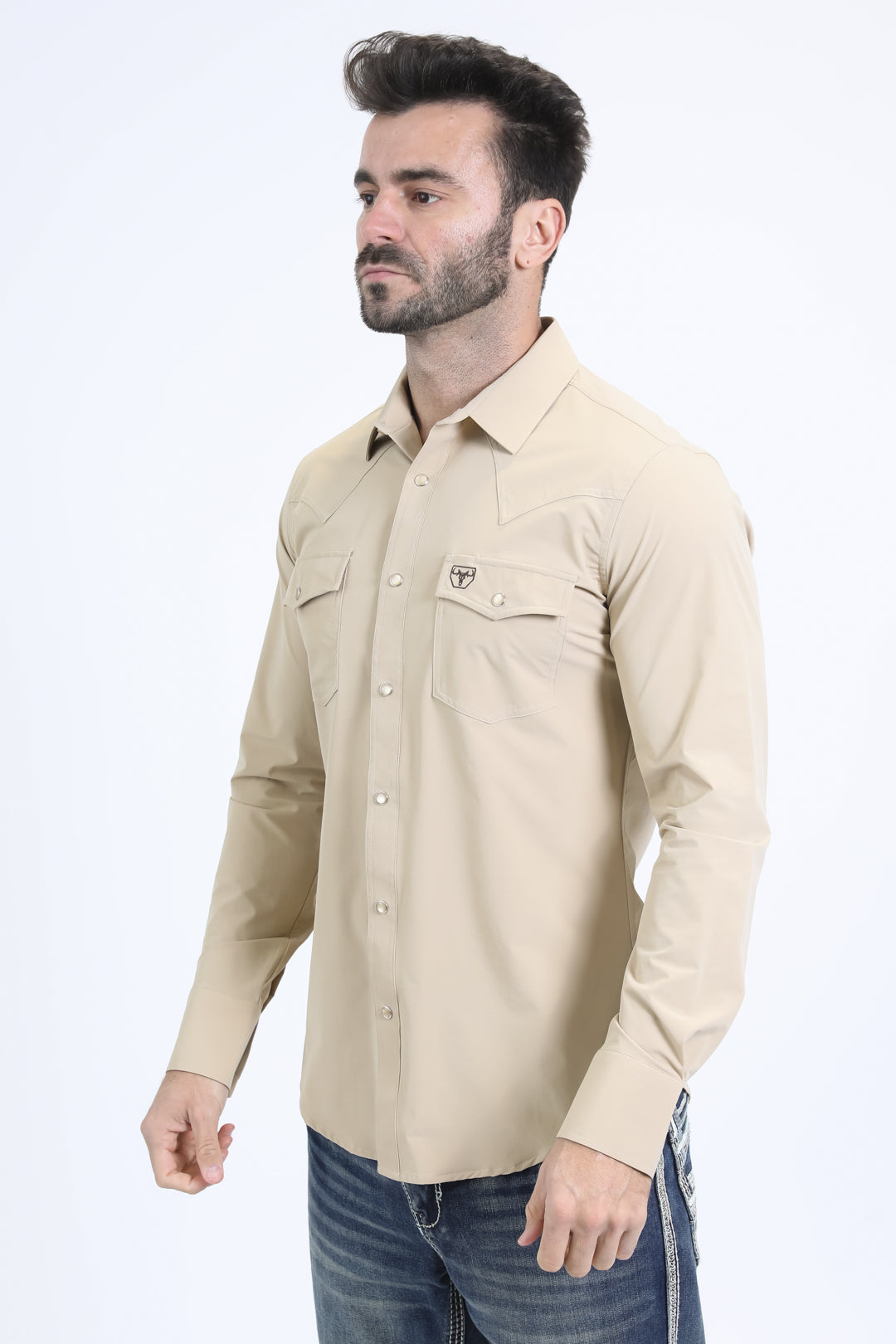 Men's Performance Western Long Sleeve Beige Shirt