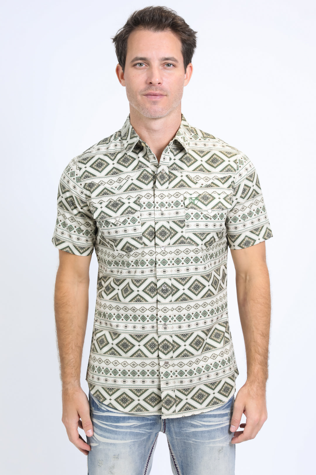 Mens Performance Western Short Sleeve Aztec Print Beige Shirt