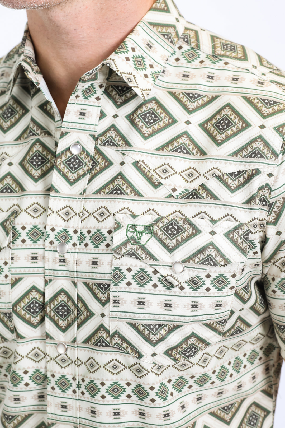 Mens Performance Western Short Sleeve Aztec Print Beige Shirt