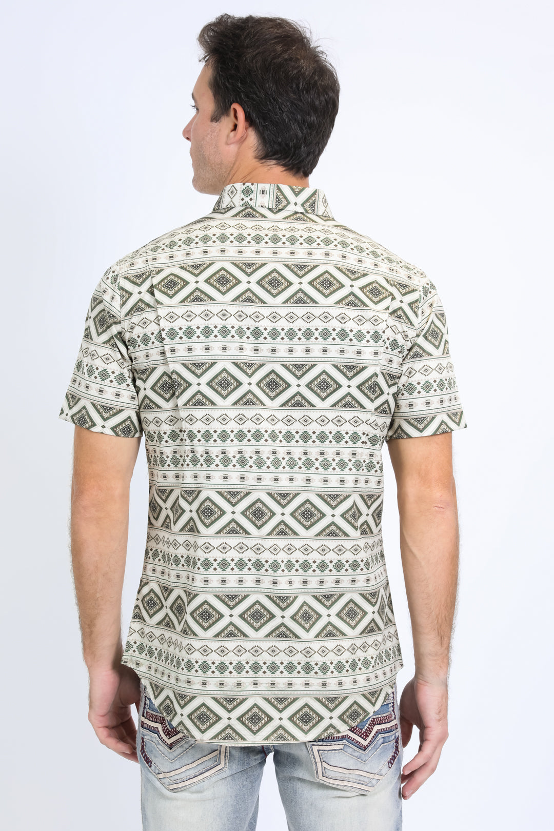 Mens Performance Western Short Sleeve Aztec Print Beige Shirt