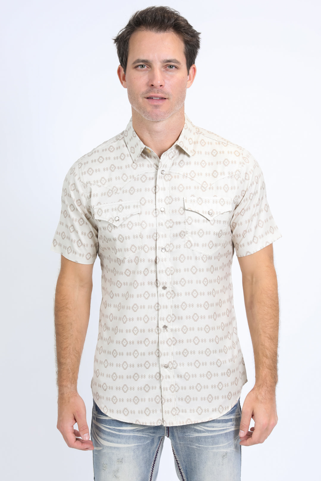 Mens Performance Western Short Sleeve Aztec Print Beige Shirt