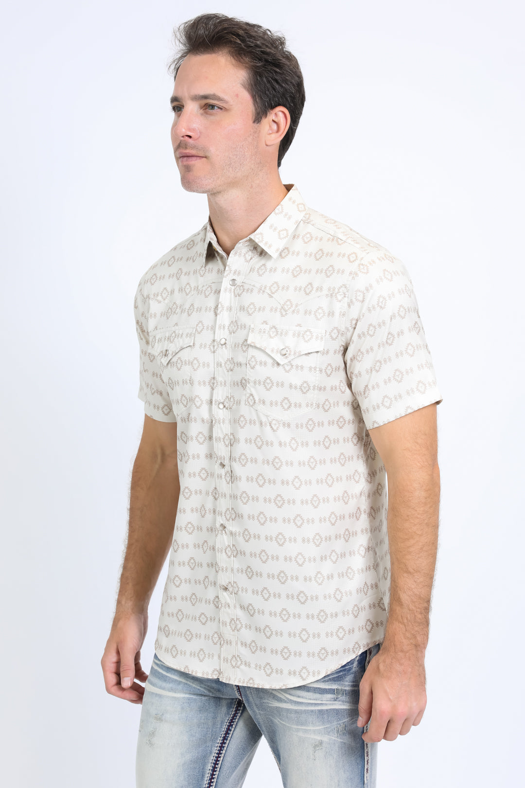 Mens Performance Western Short Sleeve Aztec Print Beige Shirt