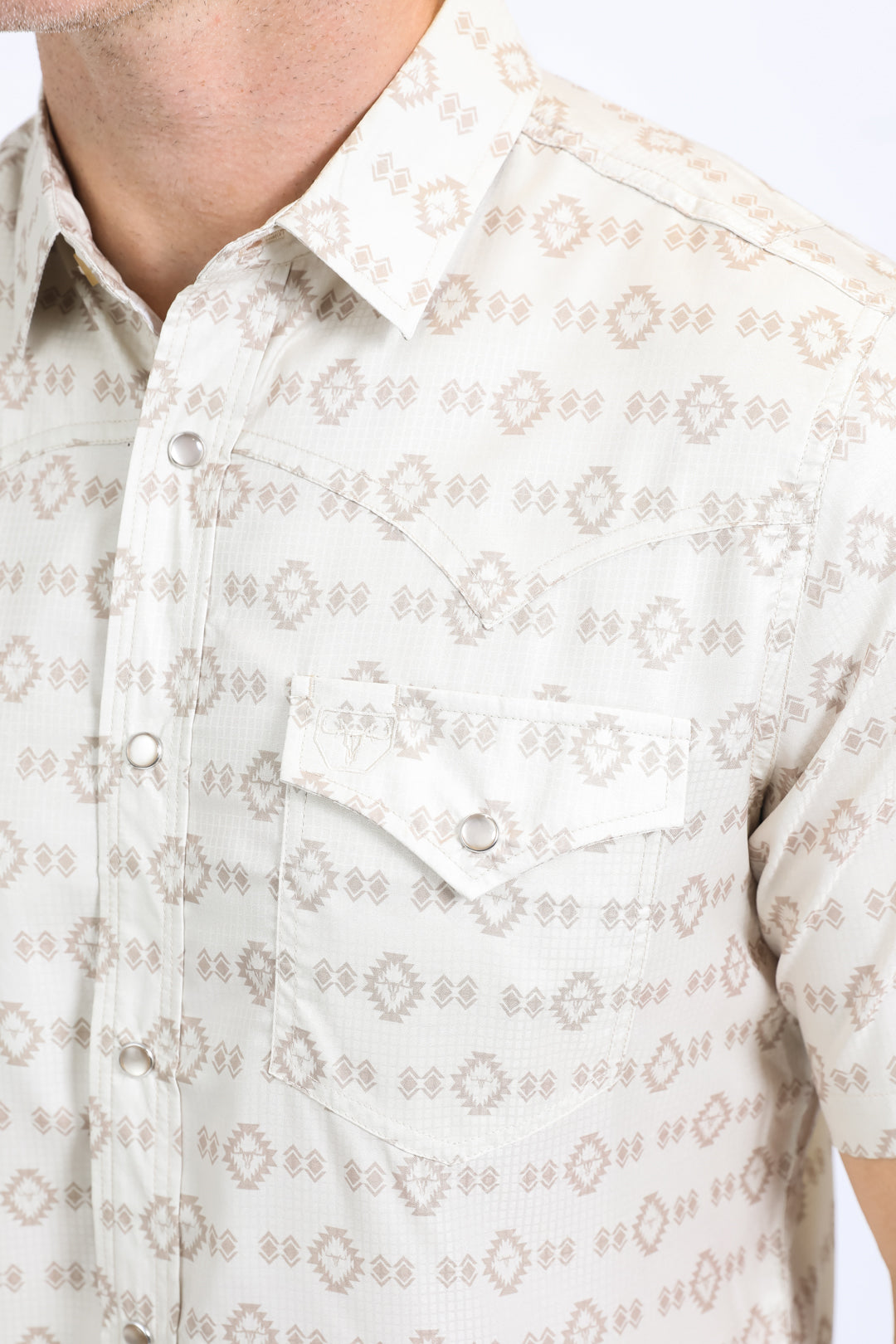 Mens Performance Western Short Sleeve Aztec Print Beige Shirt