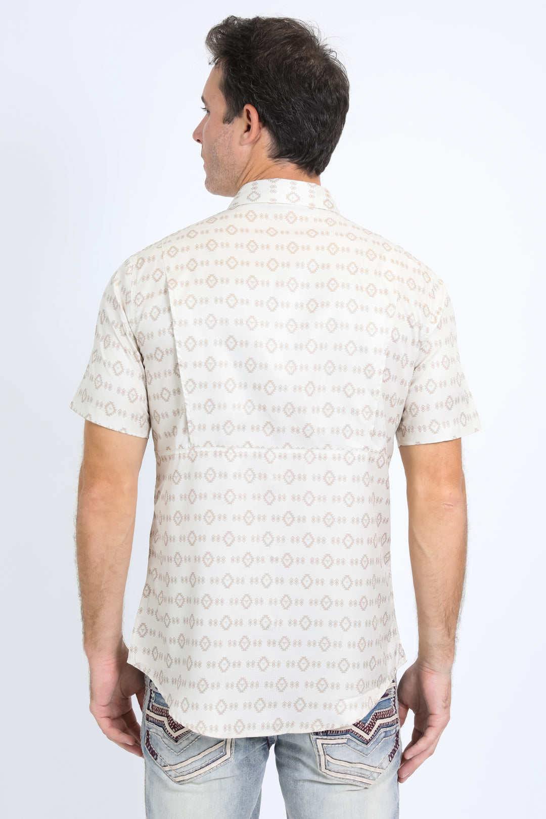 Mens Performance Western Short Sleeve Aztec Print Beige Shirt