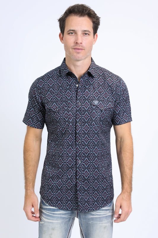 Mens Performance Western Short Sleeve Aztec Print Black/Burgundy Shirt