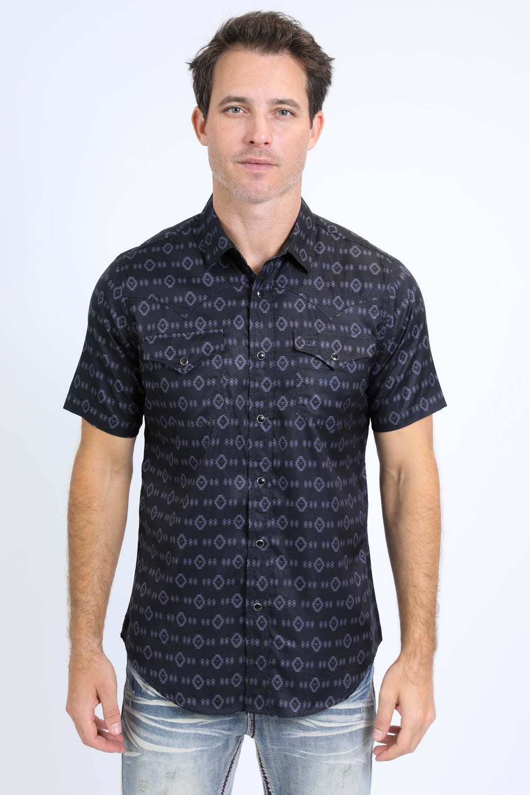 Mens Performance Western Short Sleeve Aztec Print Black Shirt