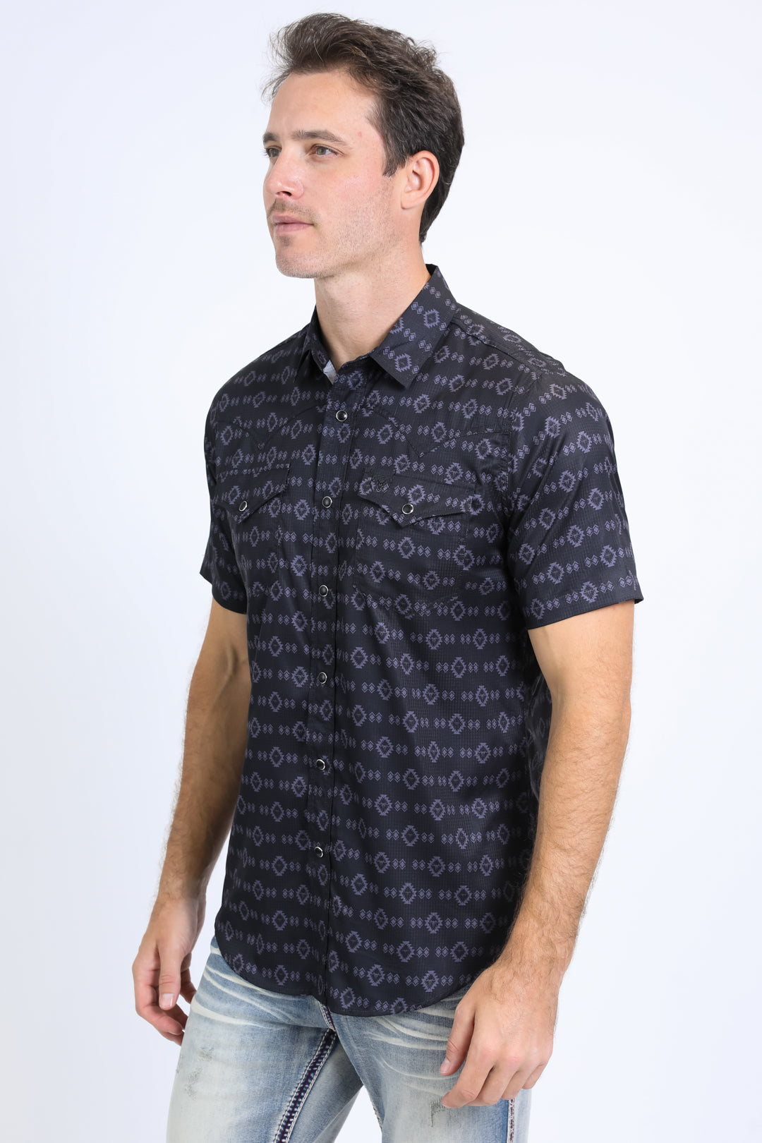 Mens Performance Western Short Sleeve Aztec Print Black Shirt