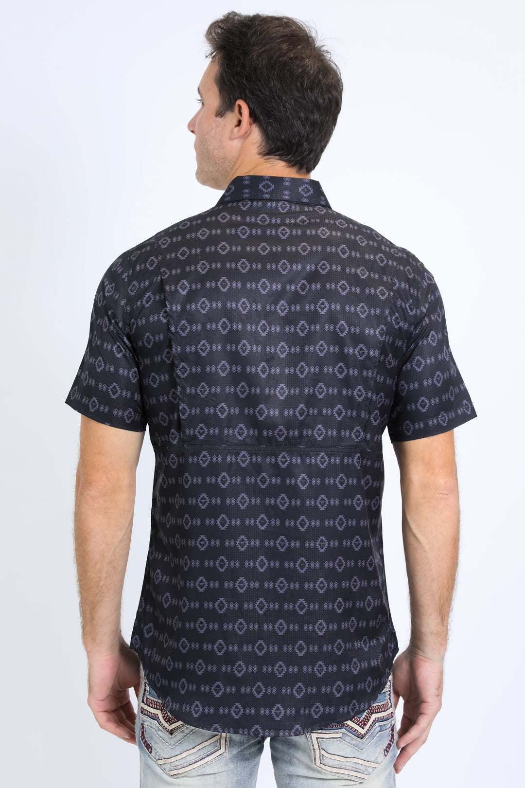 Mens Performance Western Short Sleeve Aztec Print Black Shirt