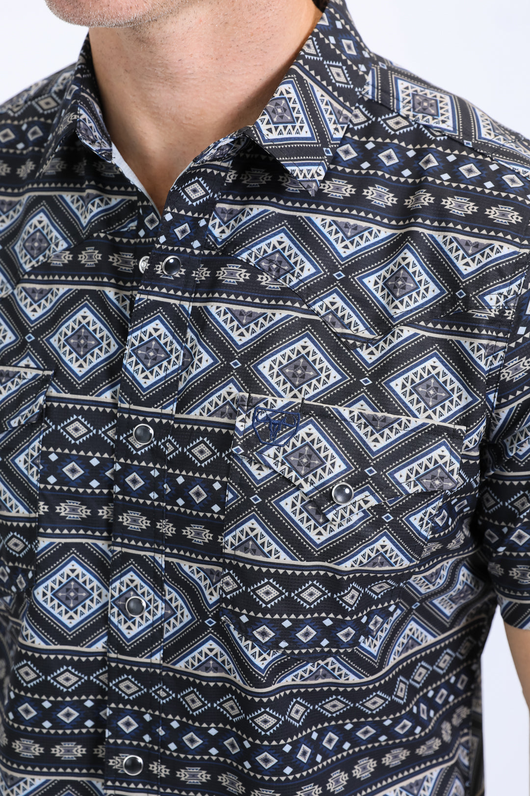 Mens Performance Western Short Sleeve Aztec Print Black Shirt