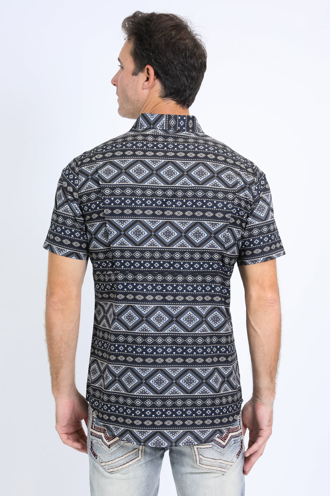 Mens Performance Western Short Sleeve Aztec Print Black Shirt