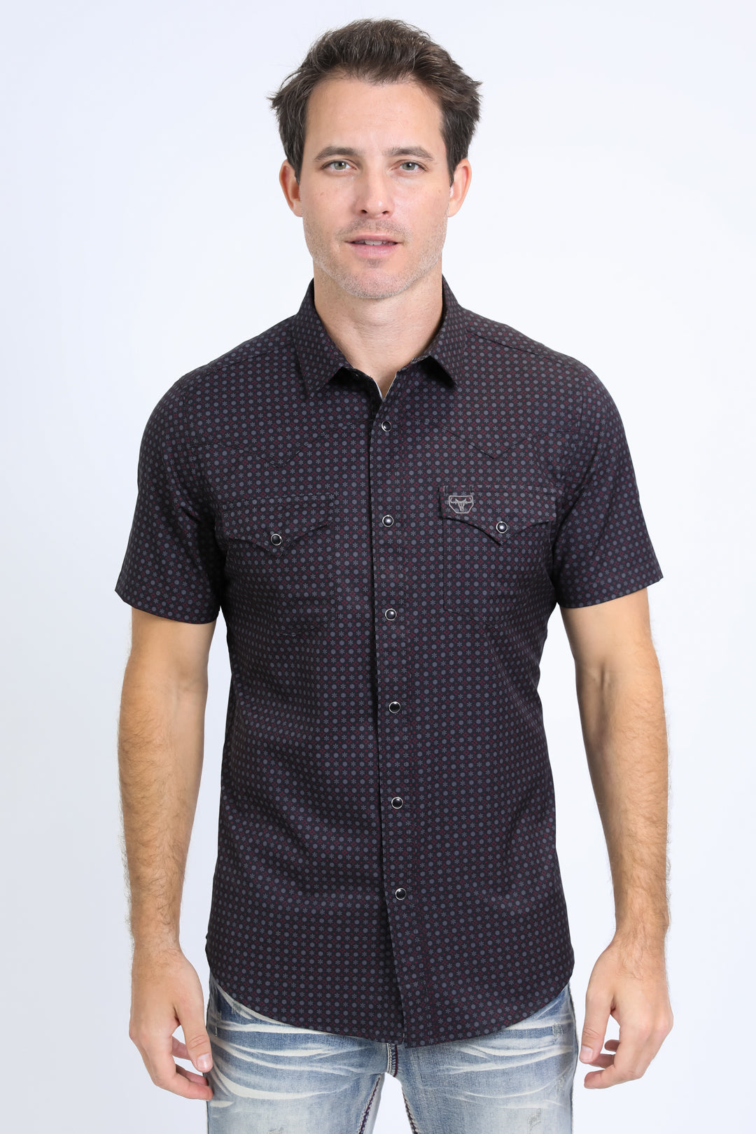 Mens Performance Western Short Sleeve Aztec Print Black Shirt