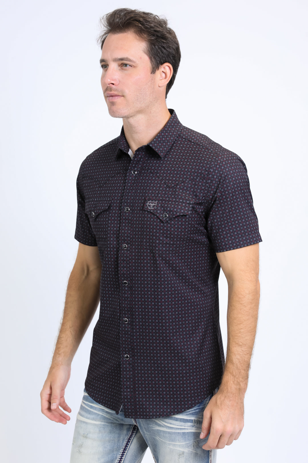 Mens Performance Western Short Sleeve Aztec Print Black Shirt