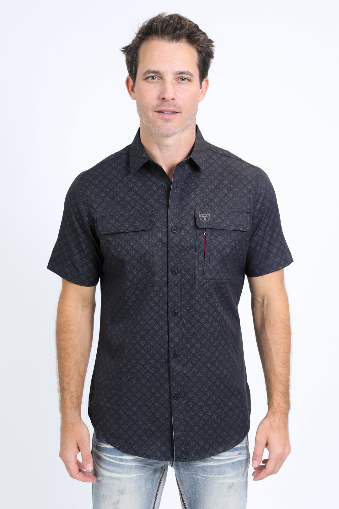 Mens Performance Western Short Sleeve Aztec Print Black Shirt