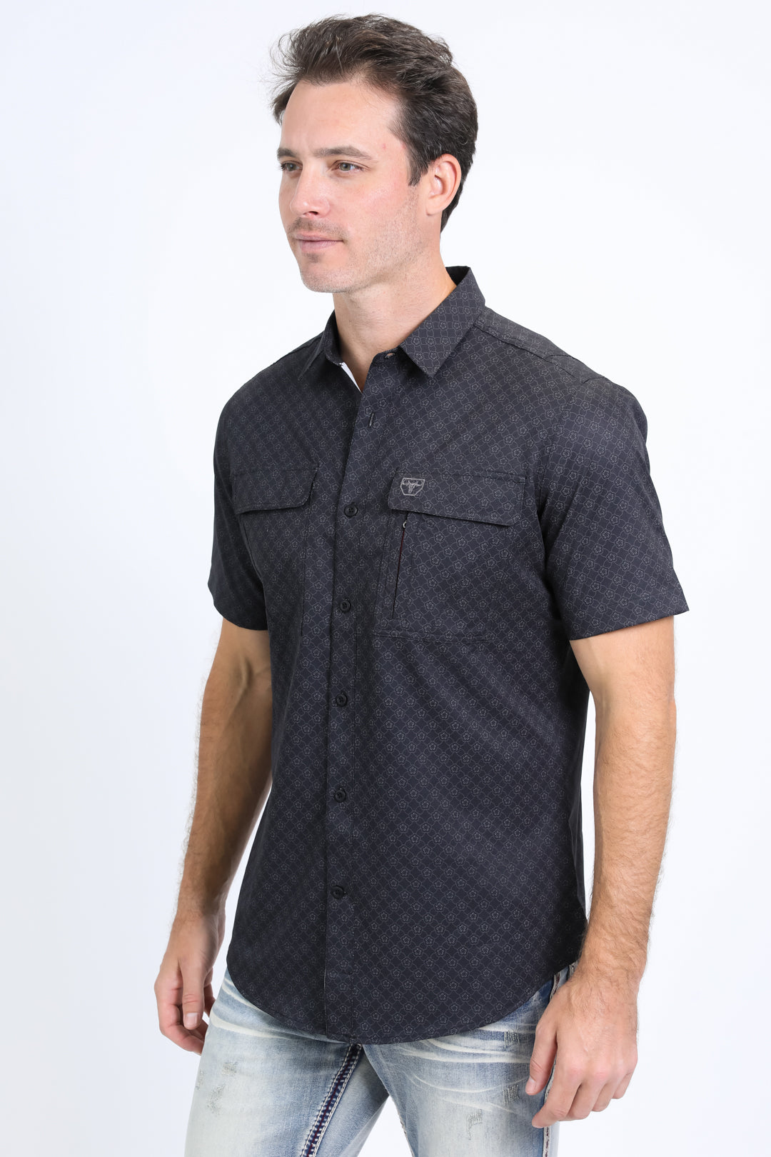 Mens Performance Western Short Sleeve Aztec Print Black Shirt