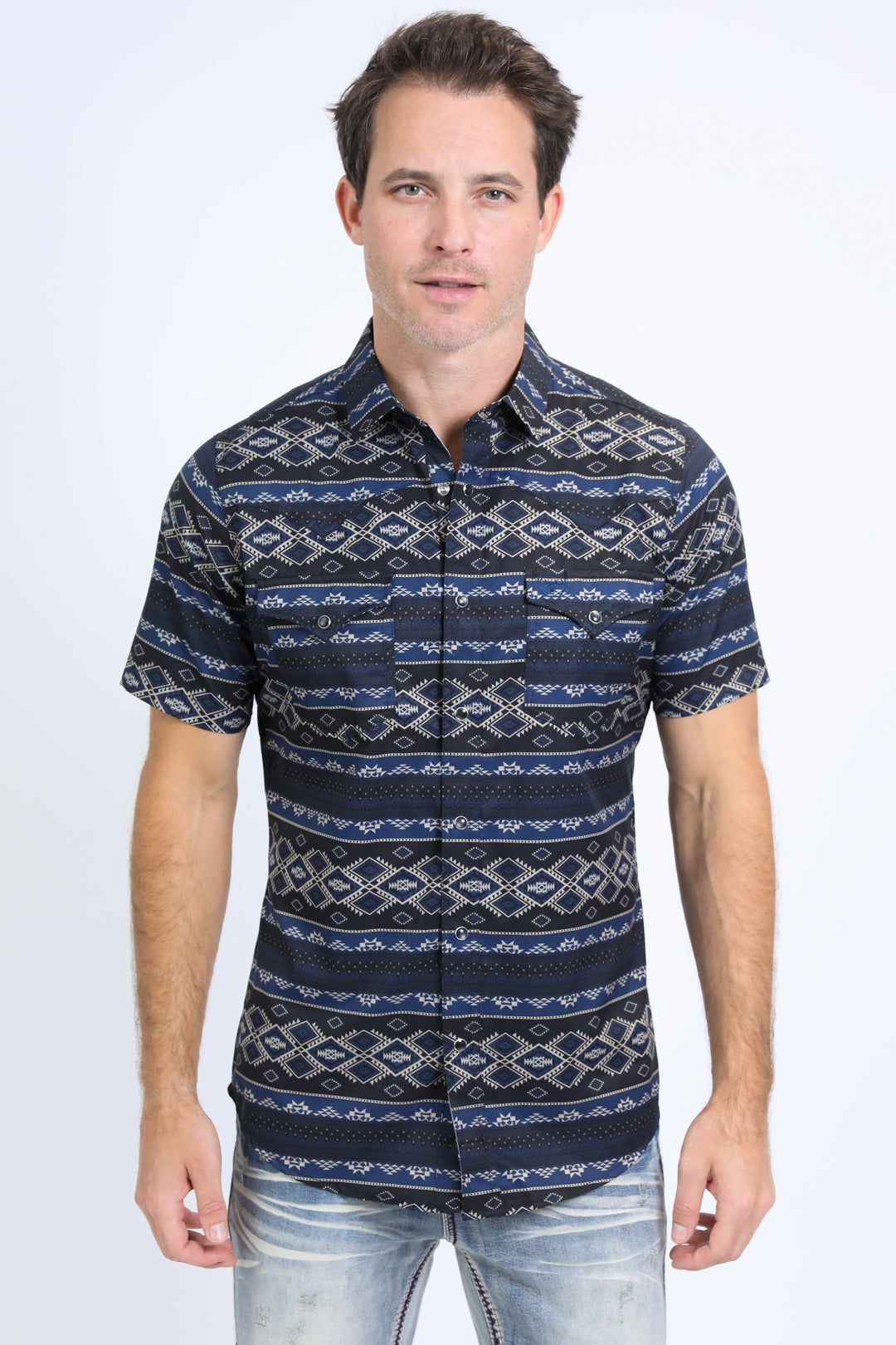 Mens Performance Western Short Sleeve Aztec Print Black Shirt