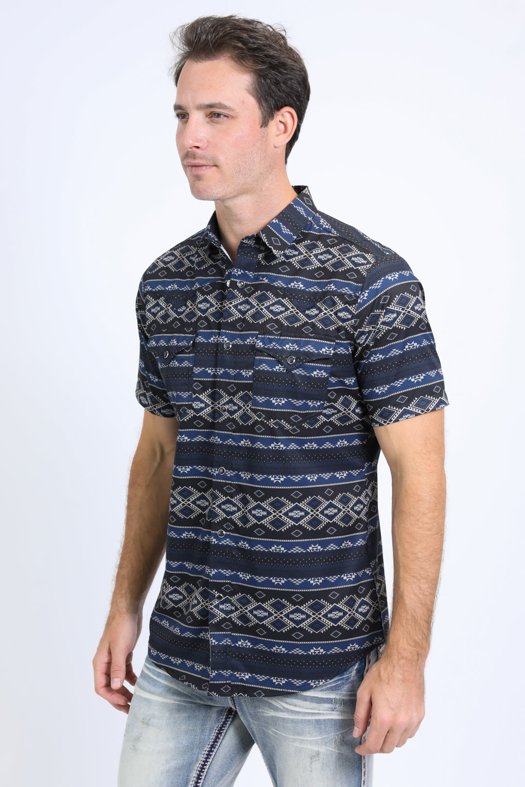 Mens Performance Western Short Sleeve Aztec Print Black Shirt