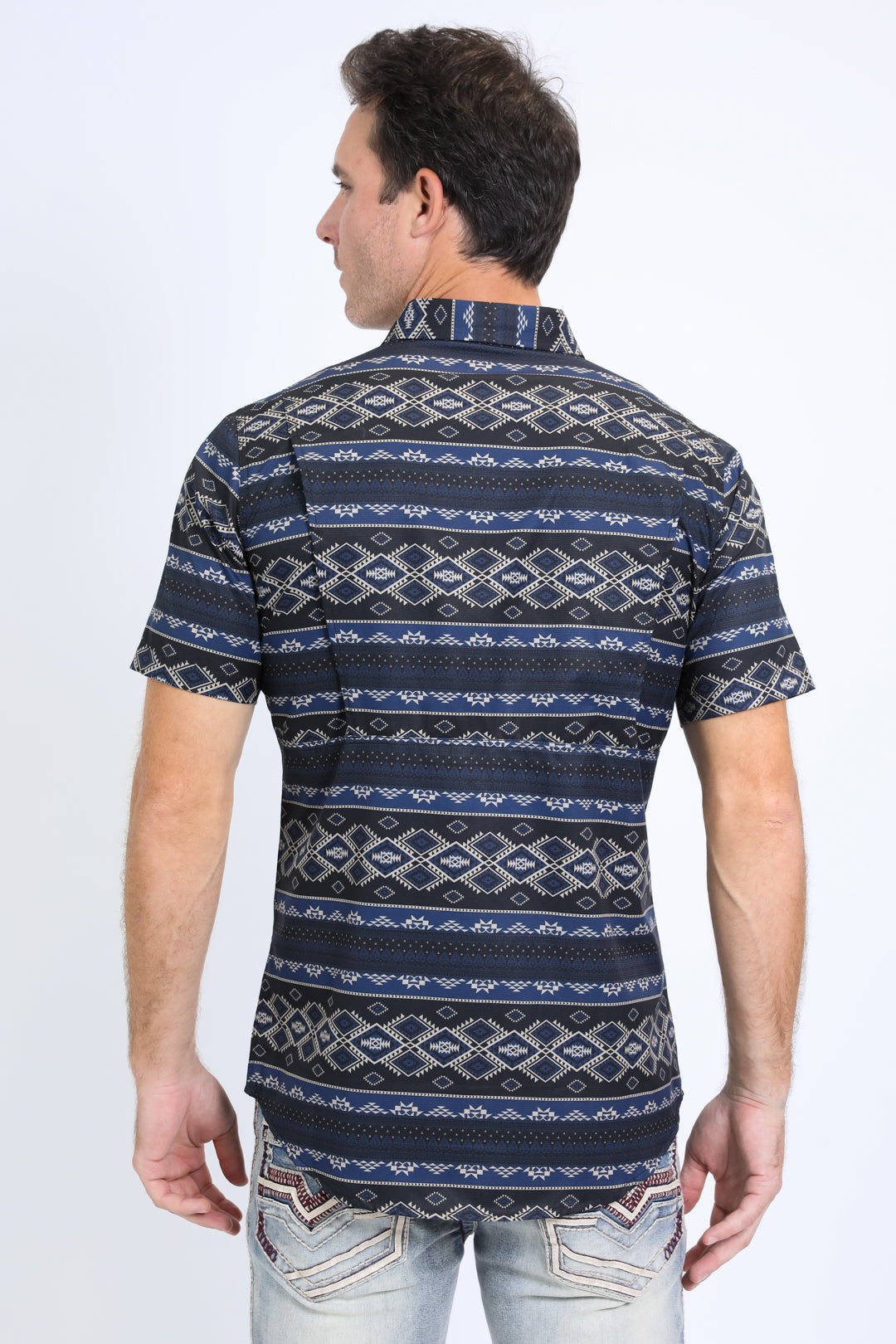 Mens Performance Western Short Sleeve Aztec Print Black Shirt