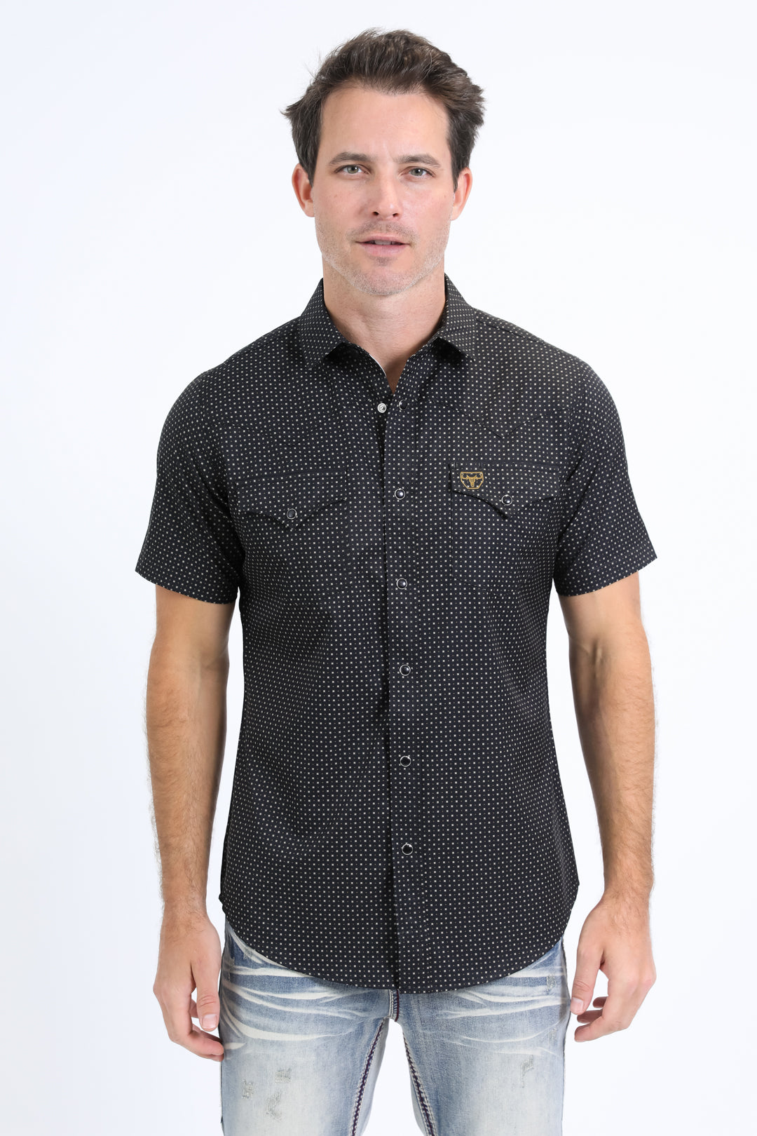 Mens Performance Western Short Sleeve Aztec Print Black Shirt