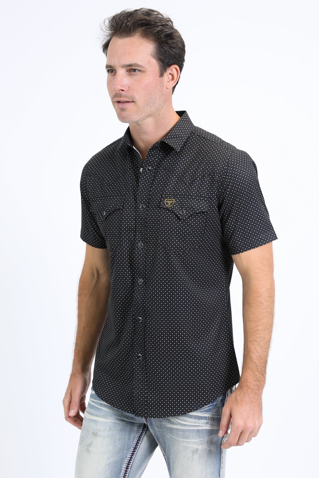 Mens Performance Western Short Sleeve Aztec Print Black Shirt