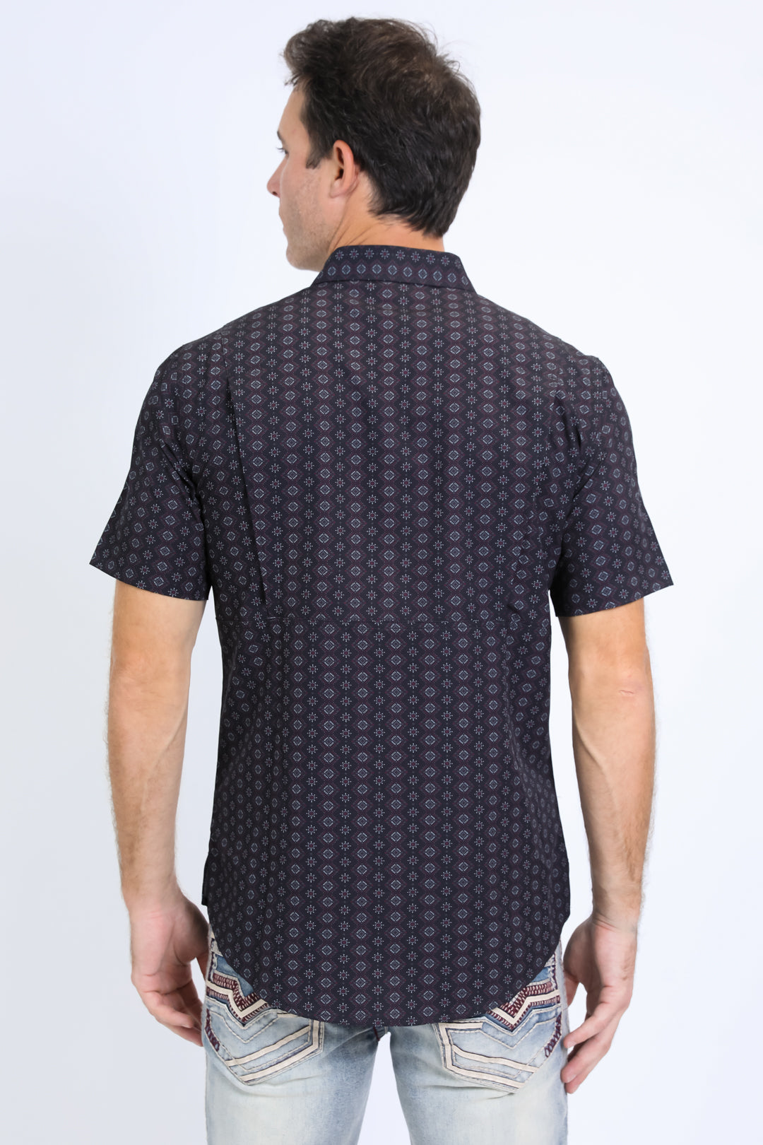 Mens Performance Western Short Sleeve Aztec Print Black Shirt