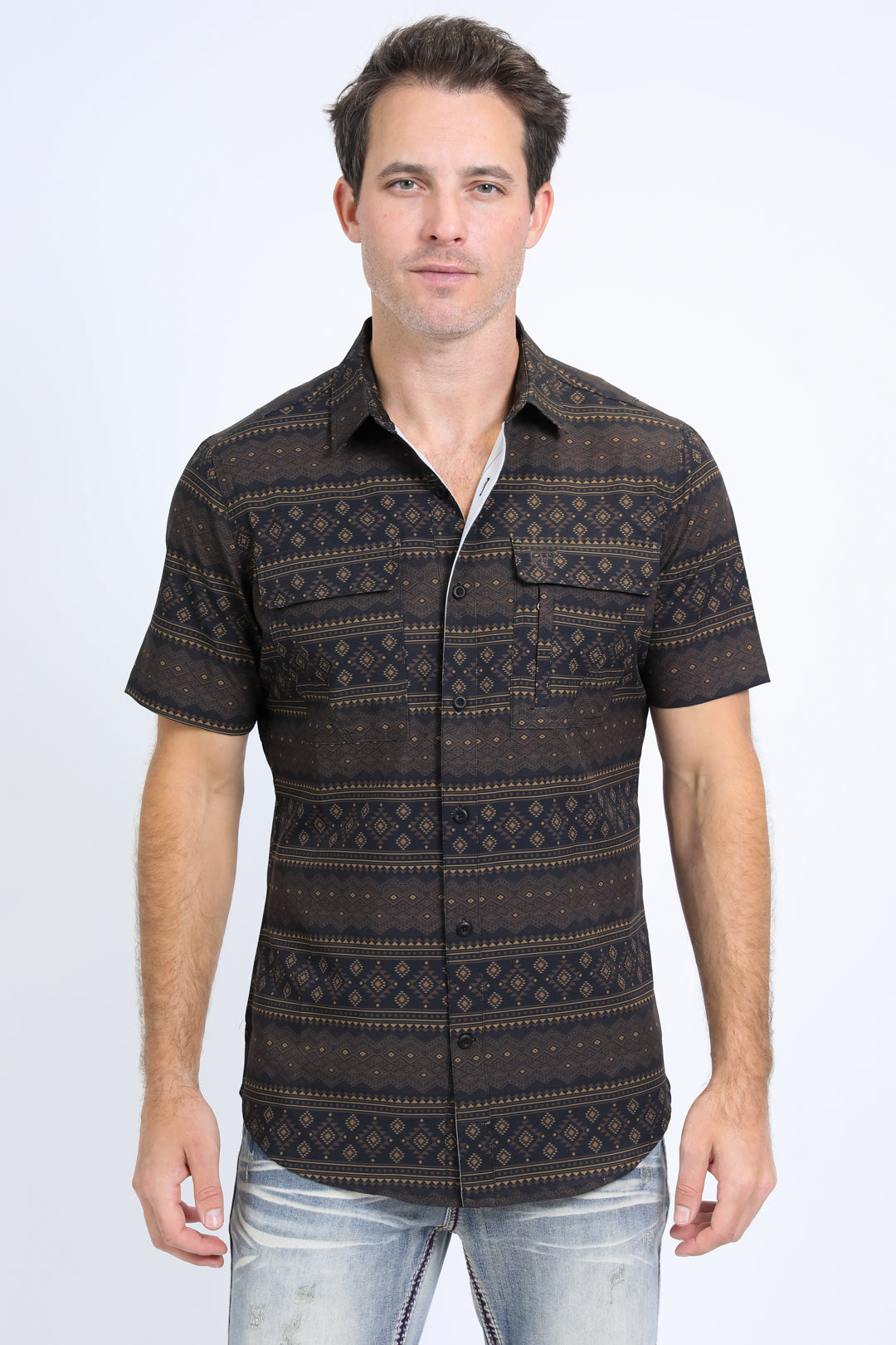 Mens Performance Western Short Sleeve Aztec Print Black Shirt