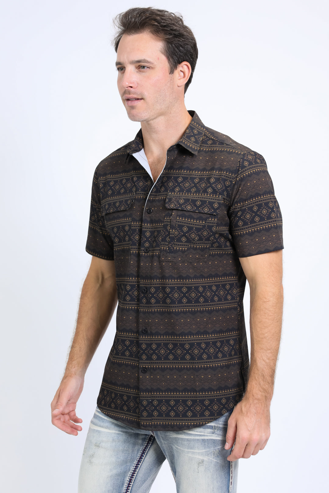 Mens Performance Western Short Sleeve Aztec Print Black Shirt