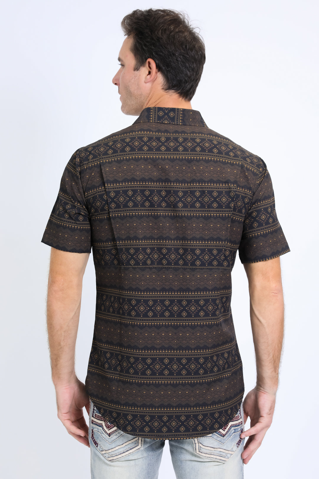 Mens Performance Western Short Sleeve Aztec Print Black Shirt