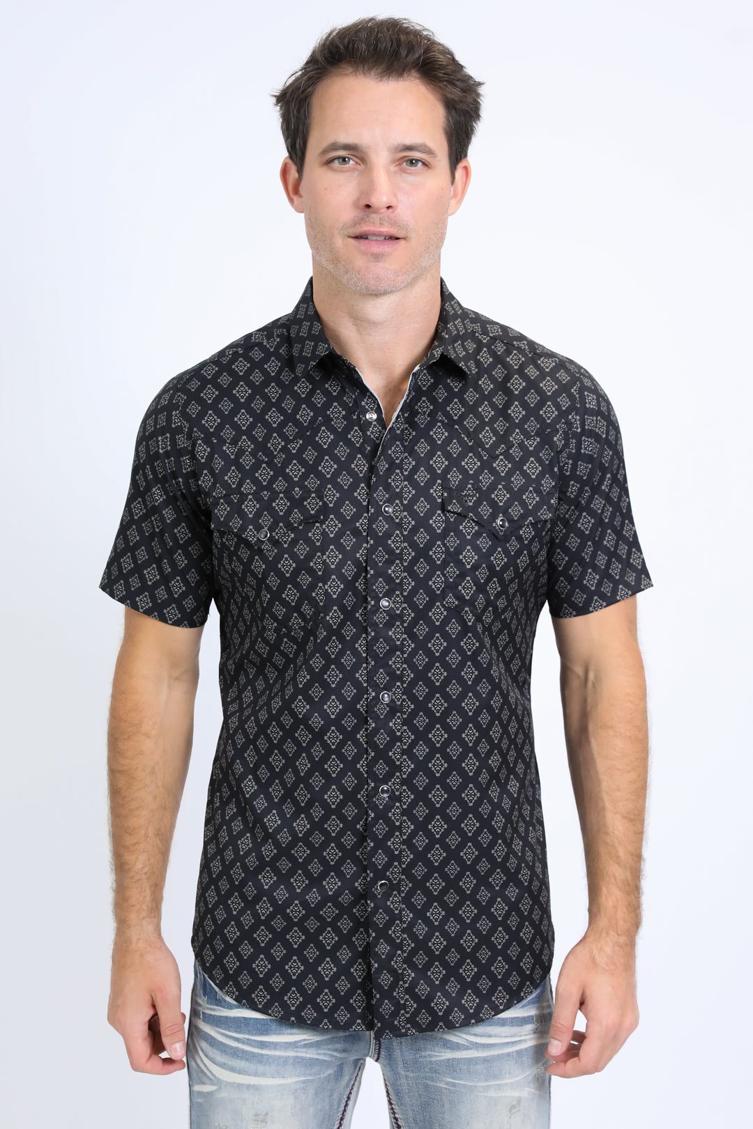 Mens Performance Western Short Sleeve Aztec Print Black Shirt