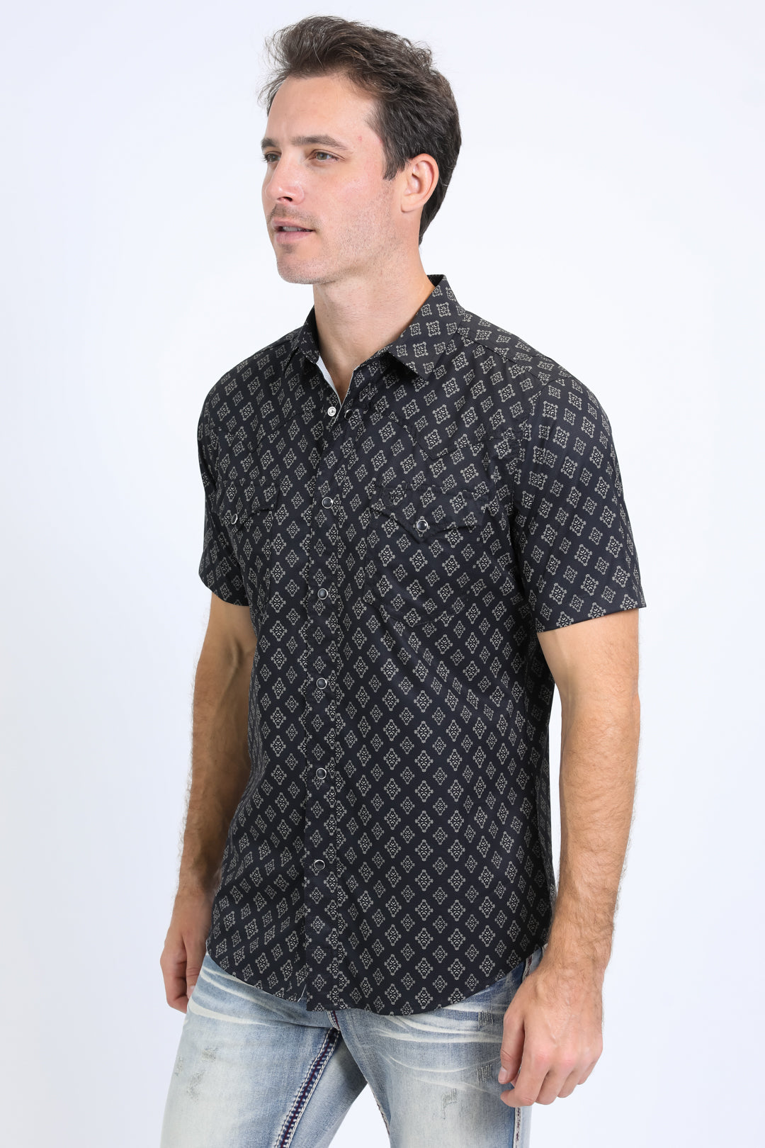 Mens Performance Western Short Sleeve Aztec Print Black Shirt