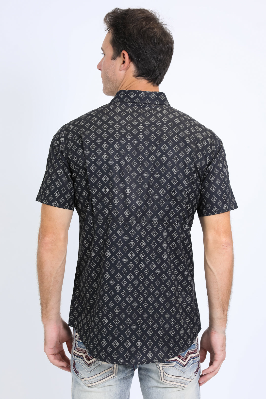 Mens Performance Western Short Sleeve Aztec Print Black Shirt