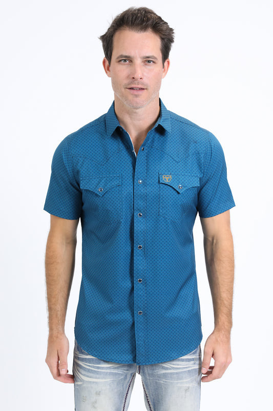 Mens Performance Western Short Sleeve Aztec Print Blue Shirt