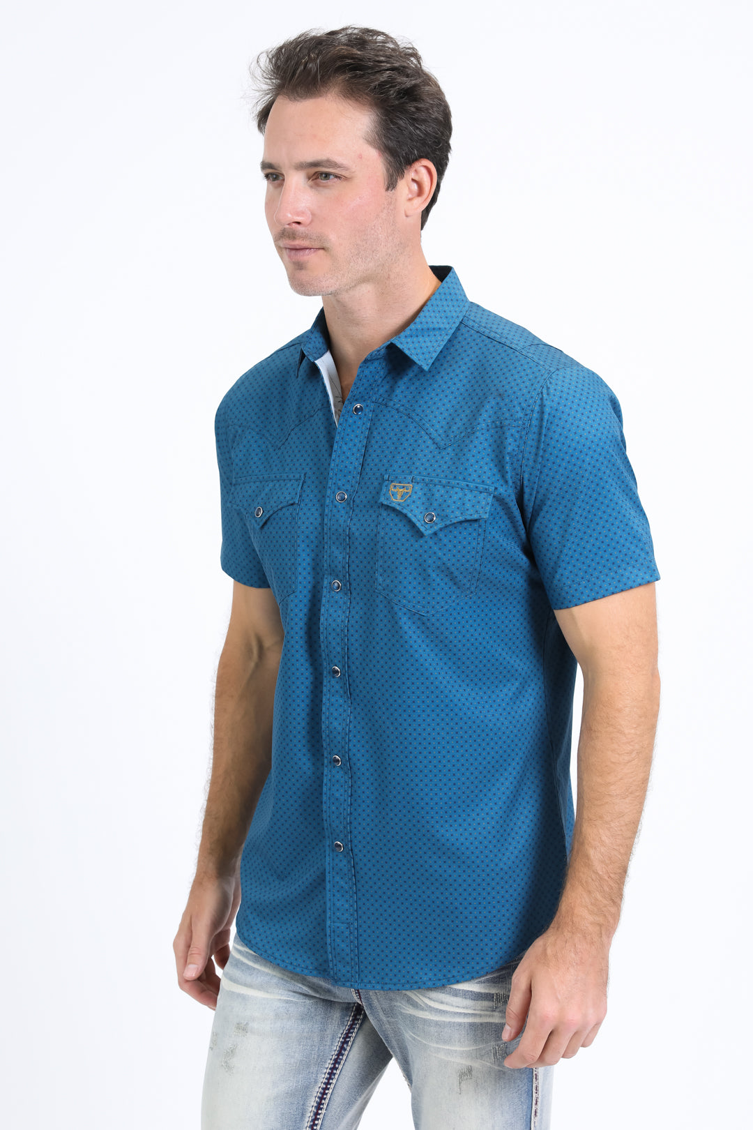 Mens Performance Western Short Sleeve Aztec Print Blue Shirt