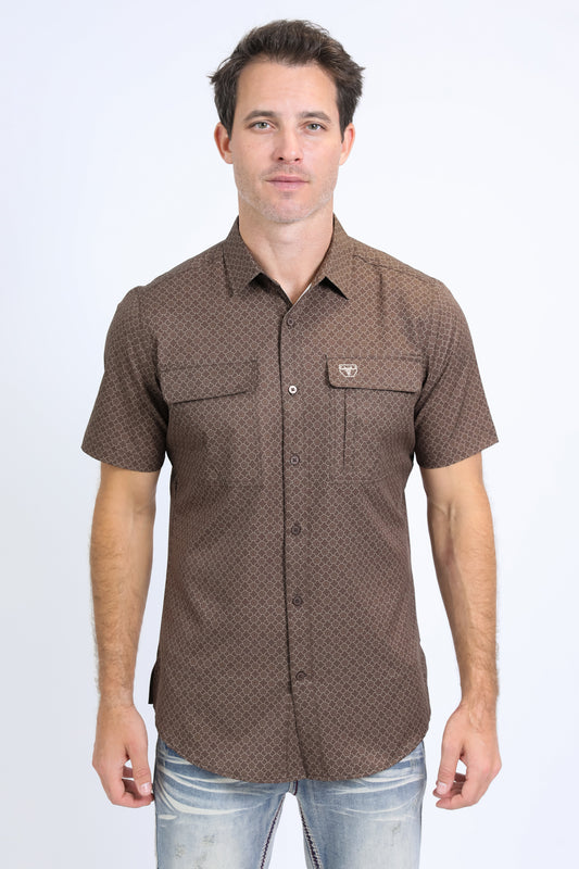 Mens Performance Western Short Sleeve Aztec Print Brown Shirt