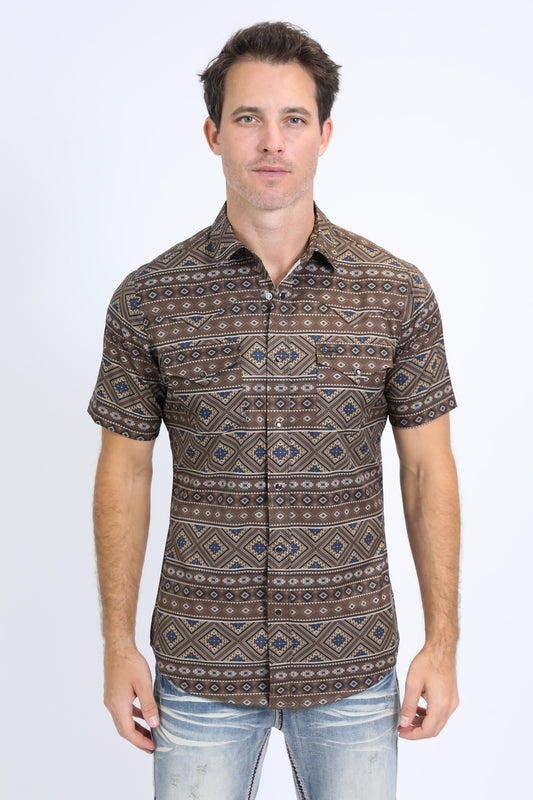 Mens Performance Western Short Sleeve Aztec Print Brown Shirt